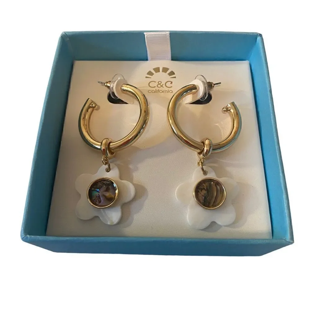 C&C California thick gold toned 3/4 Hoop Flower Drop Earrings.